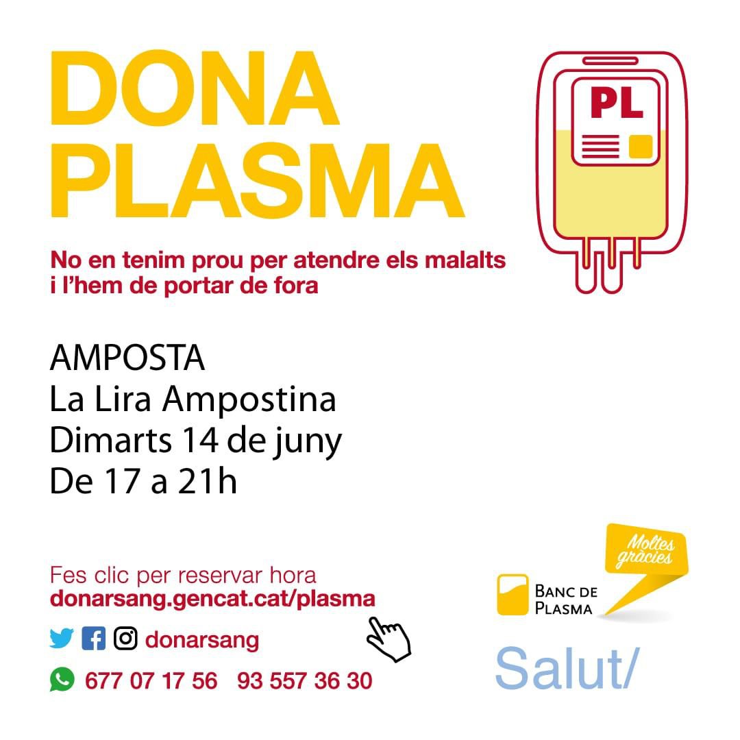 La doctora Núria Vilanova ens parla de lo necessari que es donar plasma.Aquest dimarts a la Lira Ampostina pots donar plasma a la Lira Ampostina,